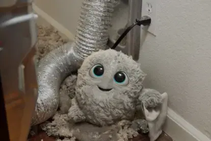 COIT IT logo mascot standing infront of a dryer vent